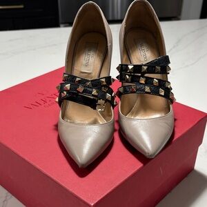 Valentino Garavani Beige and Black Heels with Gold Studs